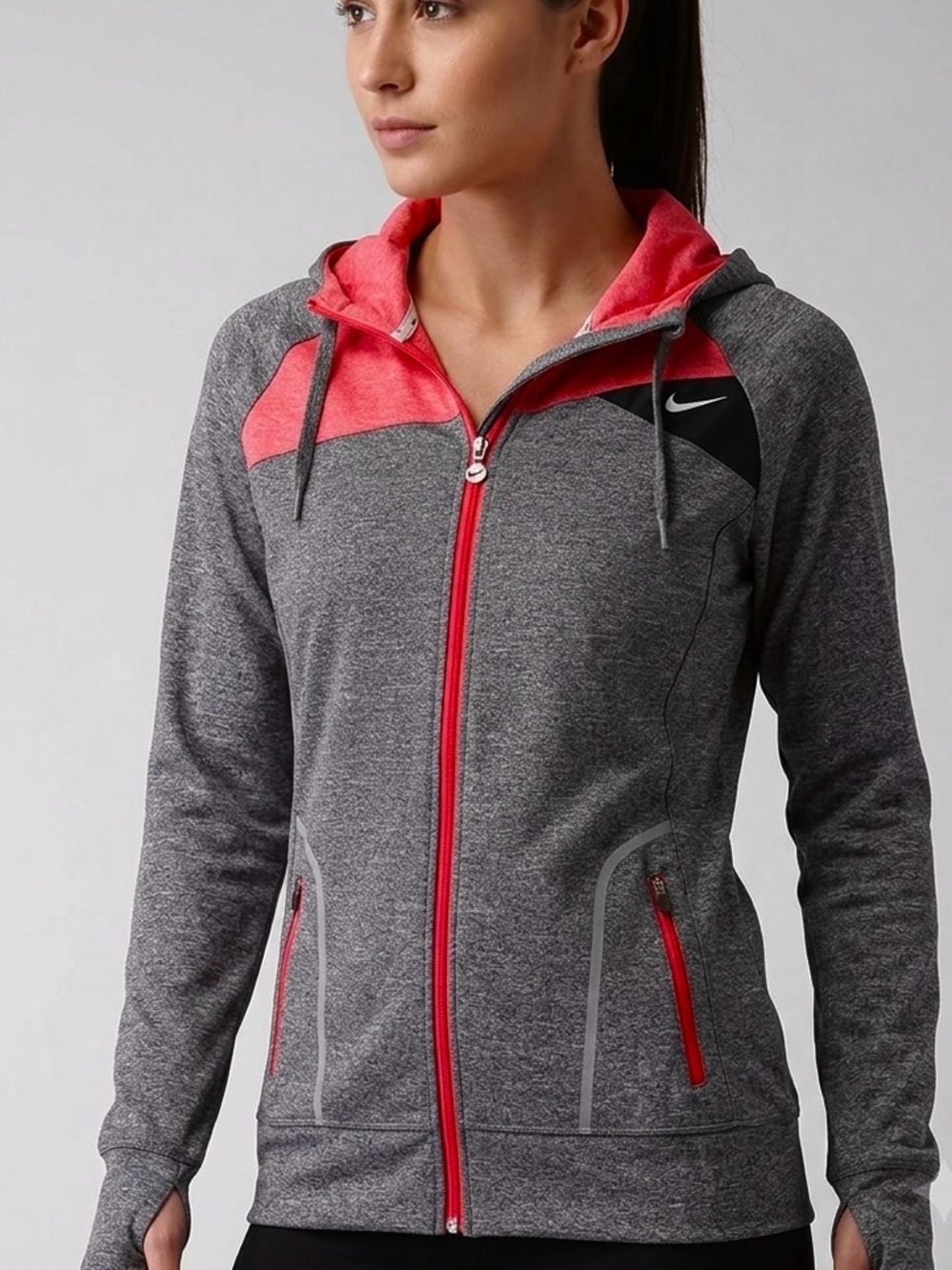 Nike Heathered Grey & Pink Full Zip Athletic Hoodie Size XL